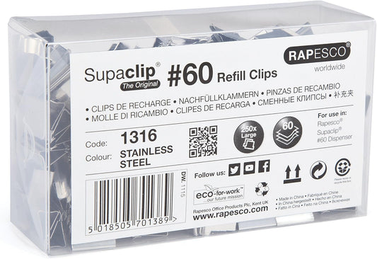 Rapesco 1316 Supaclip 60 Bulk Pack Stainless Steel Refill Clips, Pack of 250