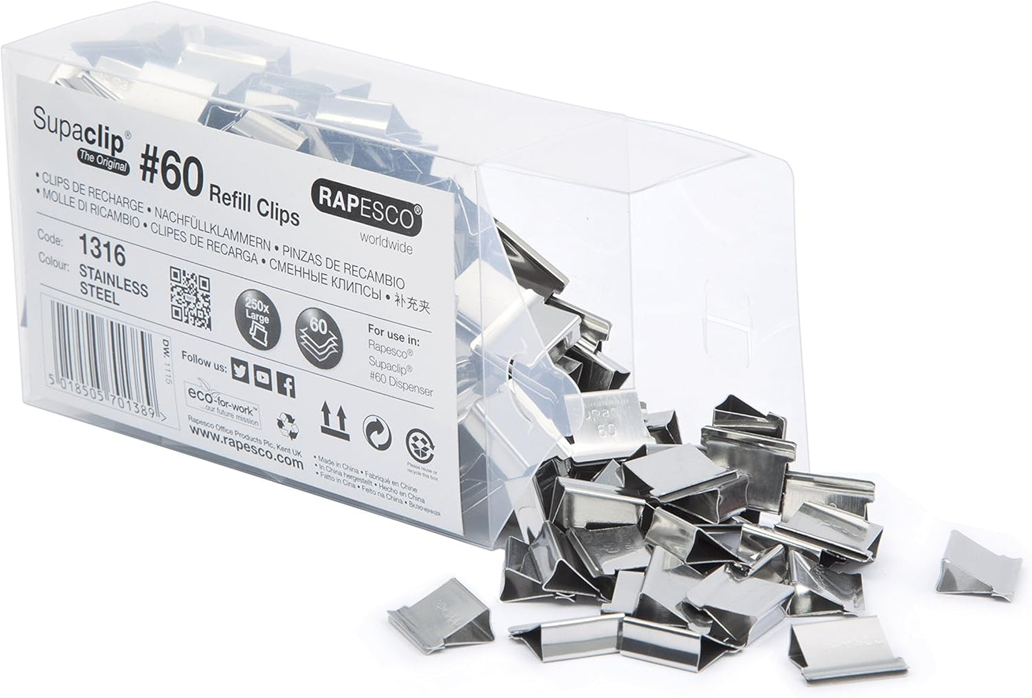 Rapesco 1316 Supaclip 60 Bulk Pack Stainless Steel Refill Clips, Pack of 250