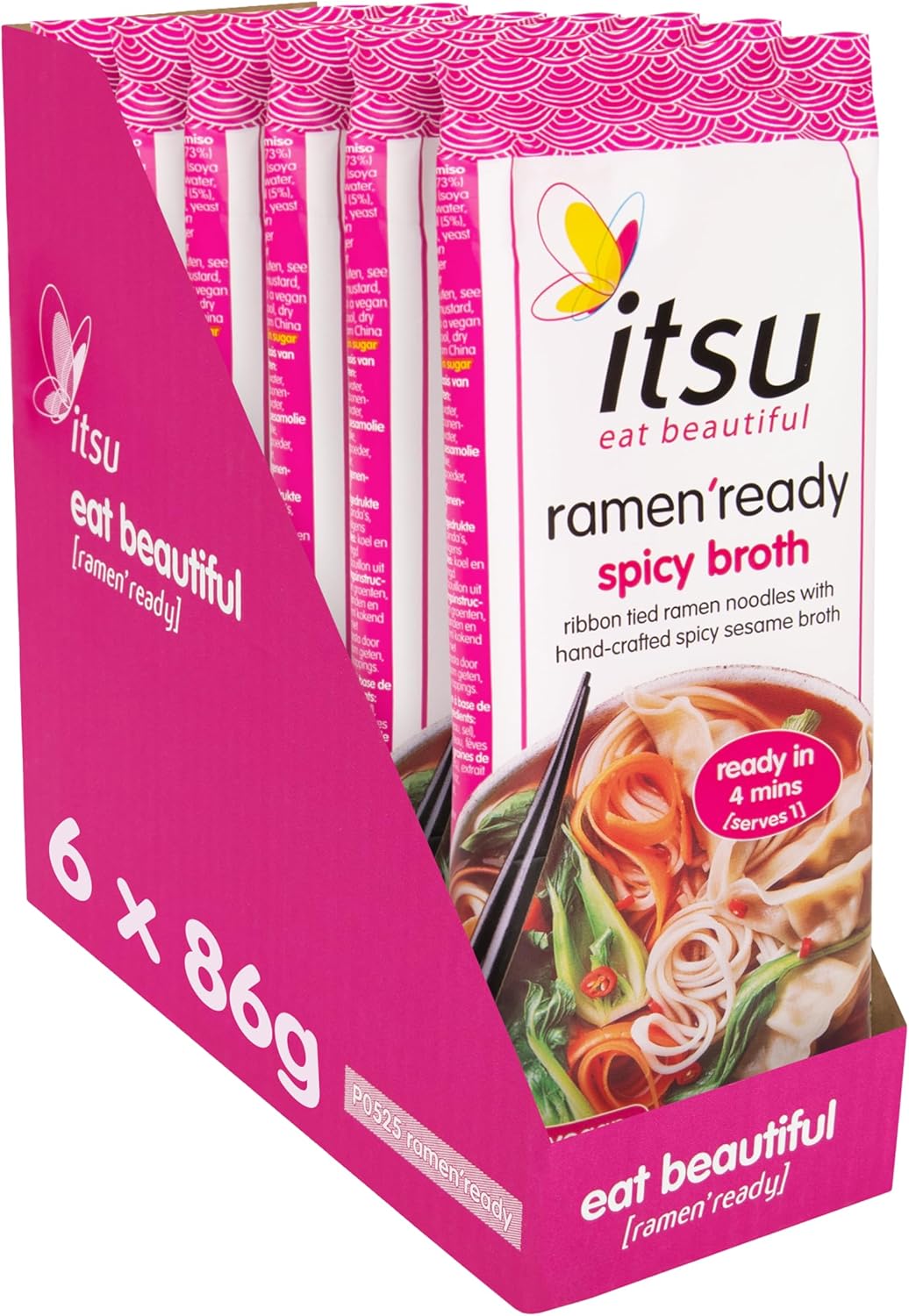 itsu Ramen Ready Noodles with Spicy Broth - Ribbon Tied Ramen Noodles from Japan in Spicy Broth - Multipack (6 Pack x 86g)