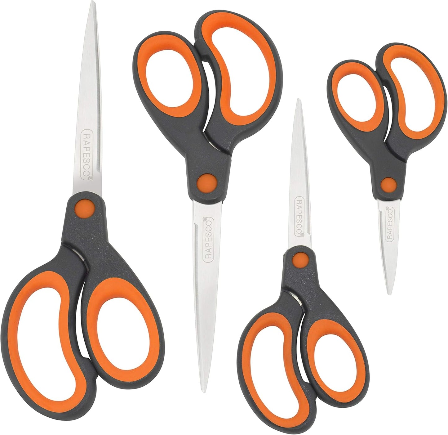 Rapesco 1577 Soft Grip Handle Scissors, Black/Orange, Set of 4