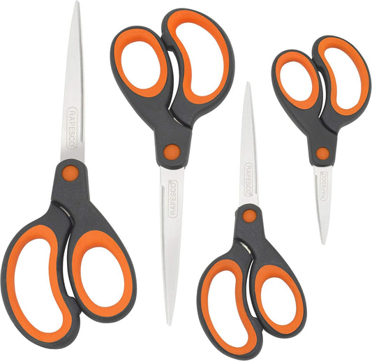 Rapesco 1577 Soft Grip Handle Scissors, Black/Orange, Set of 4