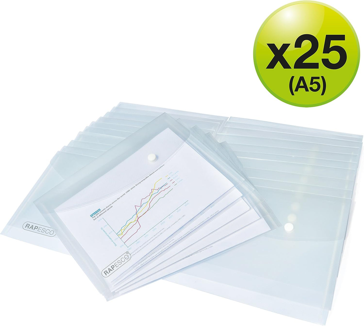Rapesco 1500 Popper Wallets, A5, Clear Transparent, Pack of 25