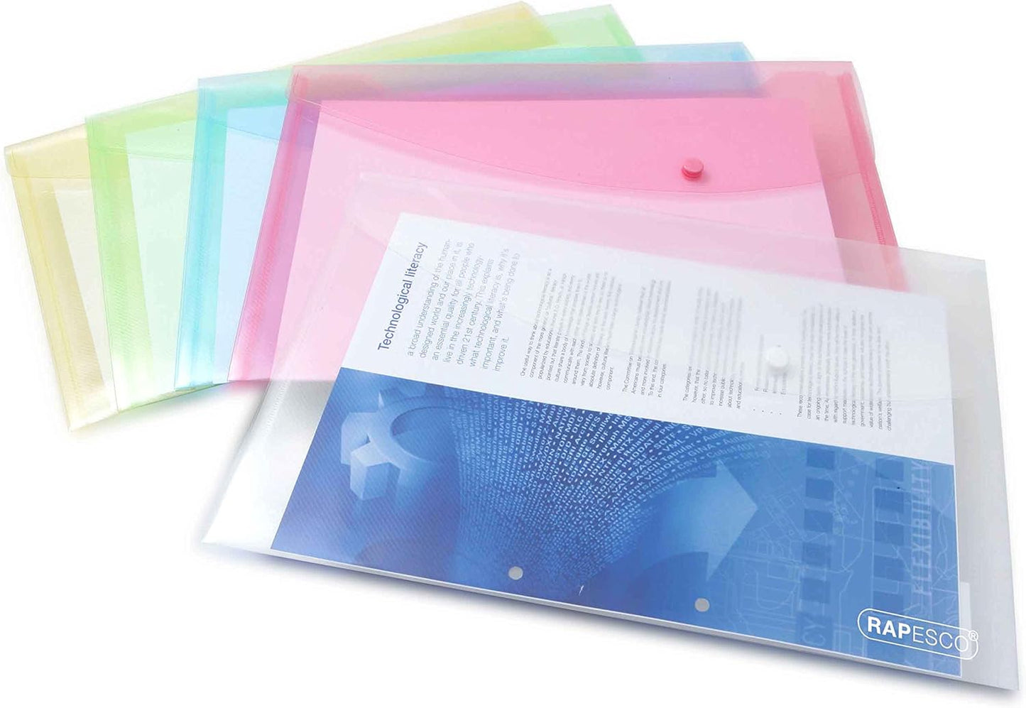 Rapesco 0696 Popper Wallets, A4+ / Foolscap, Assorted Pastel Transparent Colours, Pack of 5