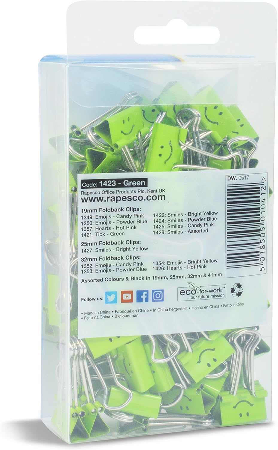 Rapesco 1423 19 mm Smiles Foldback Clips, Green, Pack of 80