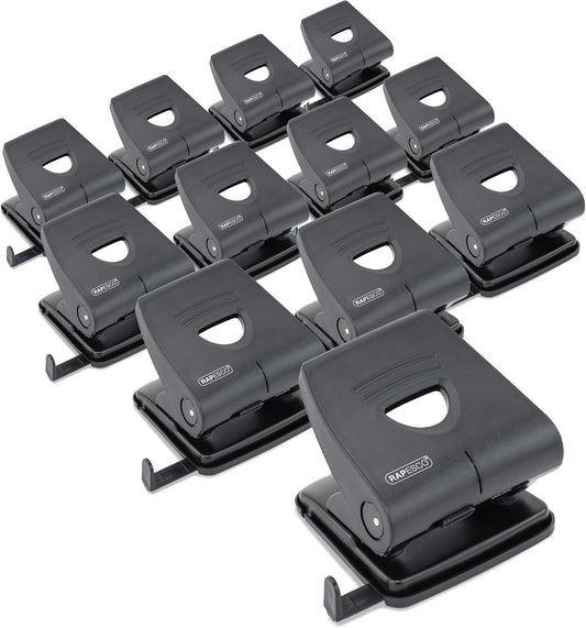 Rapesco PF827PB2T Business Pack: 827-P 2-Hole Punch, 30 Sheet Capacity, Black, Pack of 12