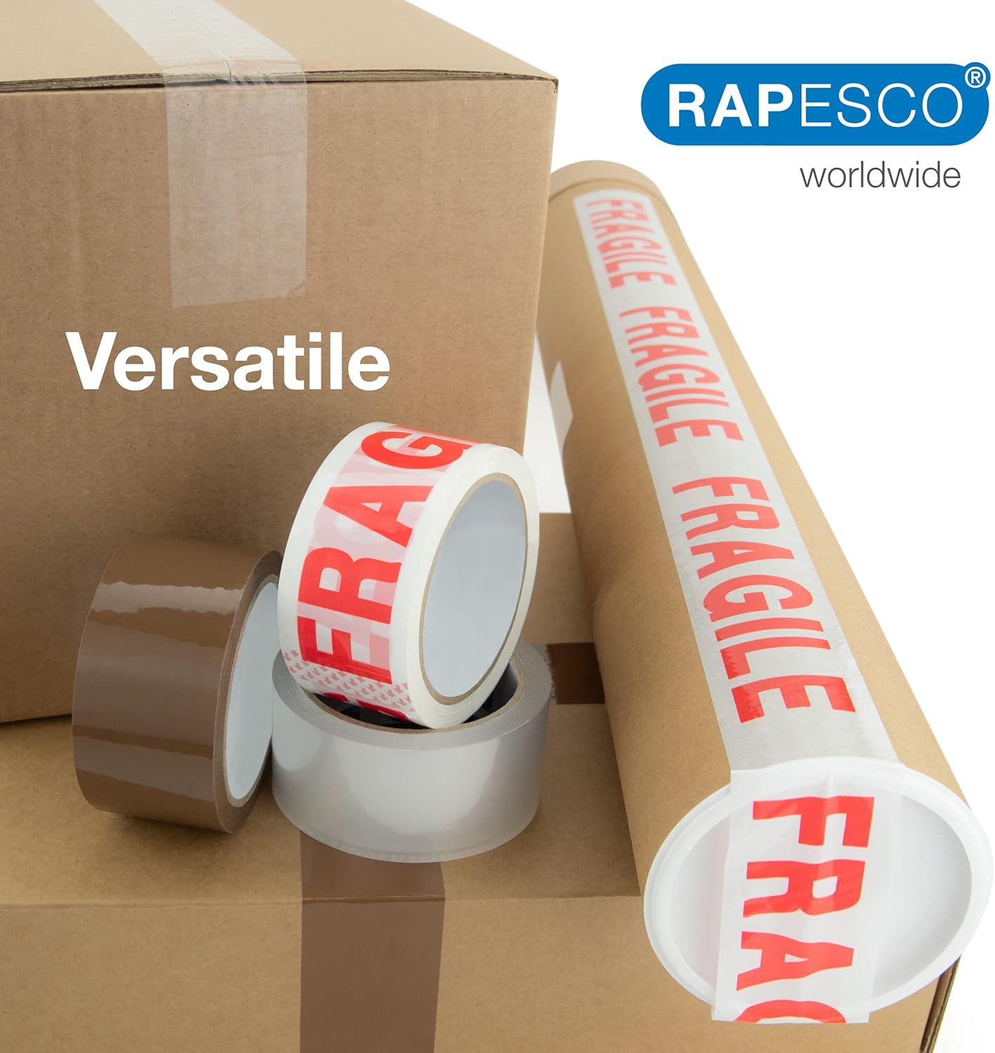 Rapesco 1687 Packing Tape Rolls Variety Pack, 50 mm Wide, Pack of 6 Tape Rolls, 2 x Brown, 2 x Clear, 2 x “Fragile”
