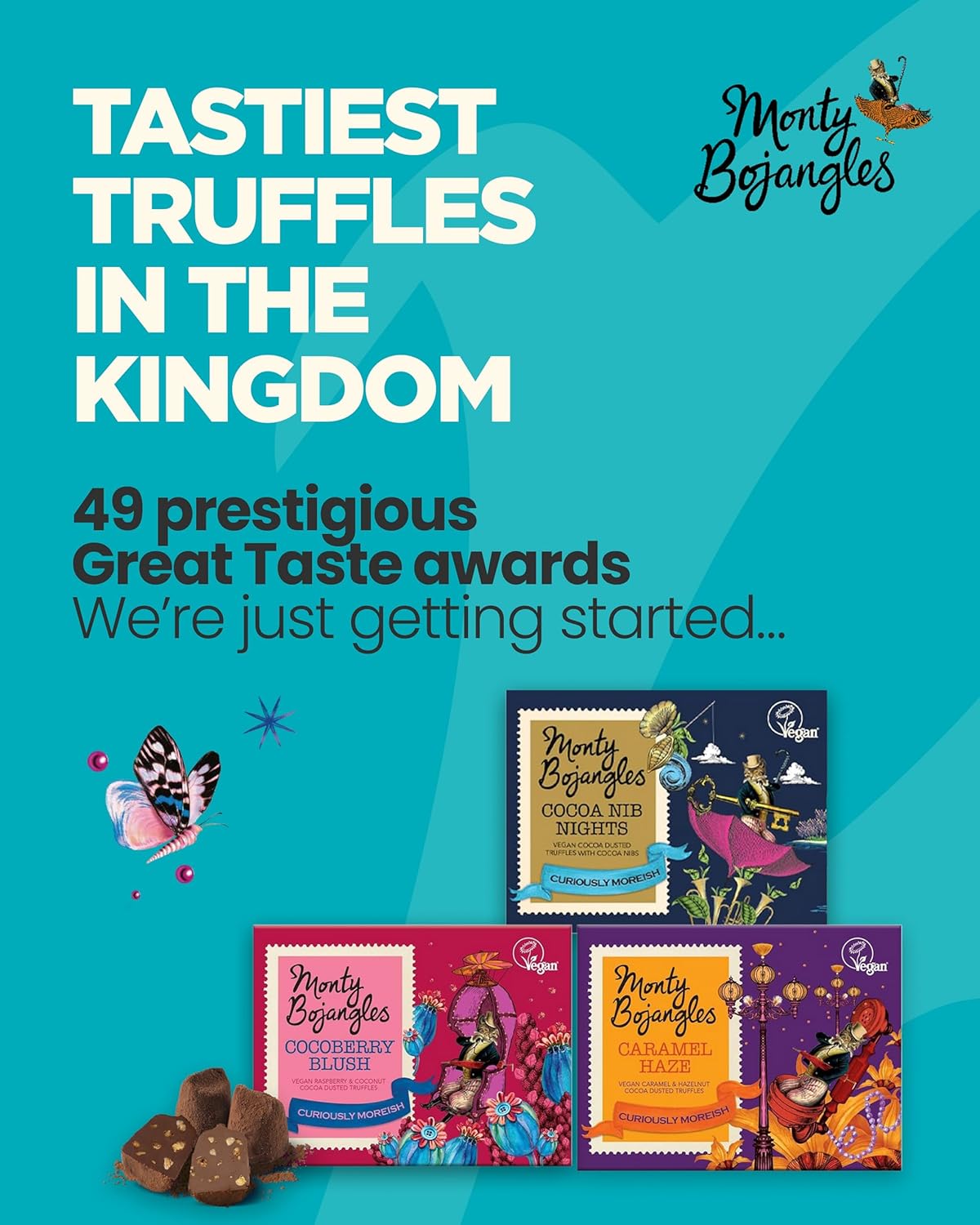 Monty Bojangles Vegan Cocoa Dusted Truffles Tower (3 x 100g Gift Pack) - 3 Luxury Vegan Chocolatey Truffle Boxes - Caramel Haze, Cocoa Berry Blush, Cocoa Nib Nights - Vegan Chocolate Gift