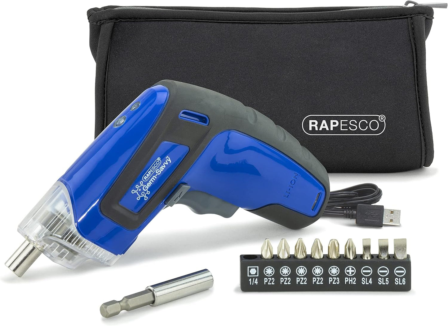 Rapesco 1640 Germ-Savvy Antibacterial, Cordless Screwdriver 3.6V, Blue