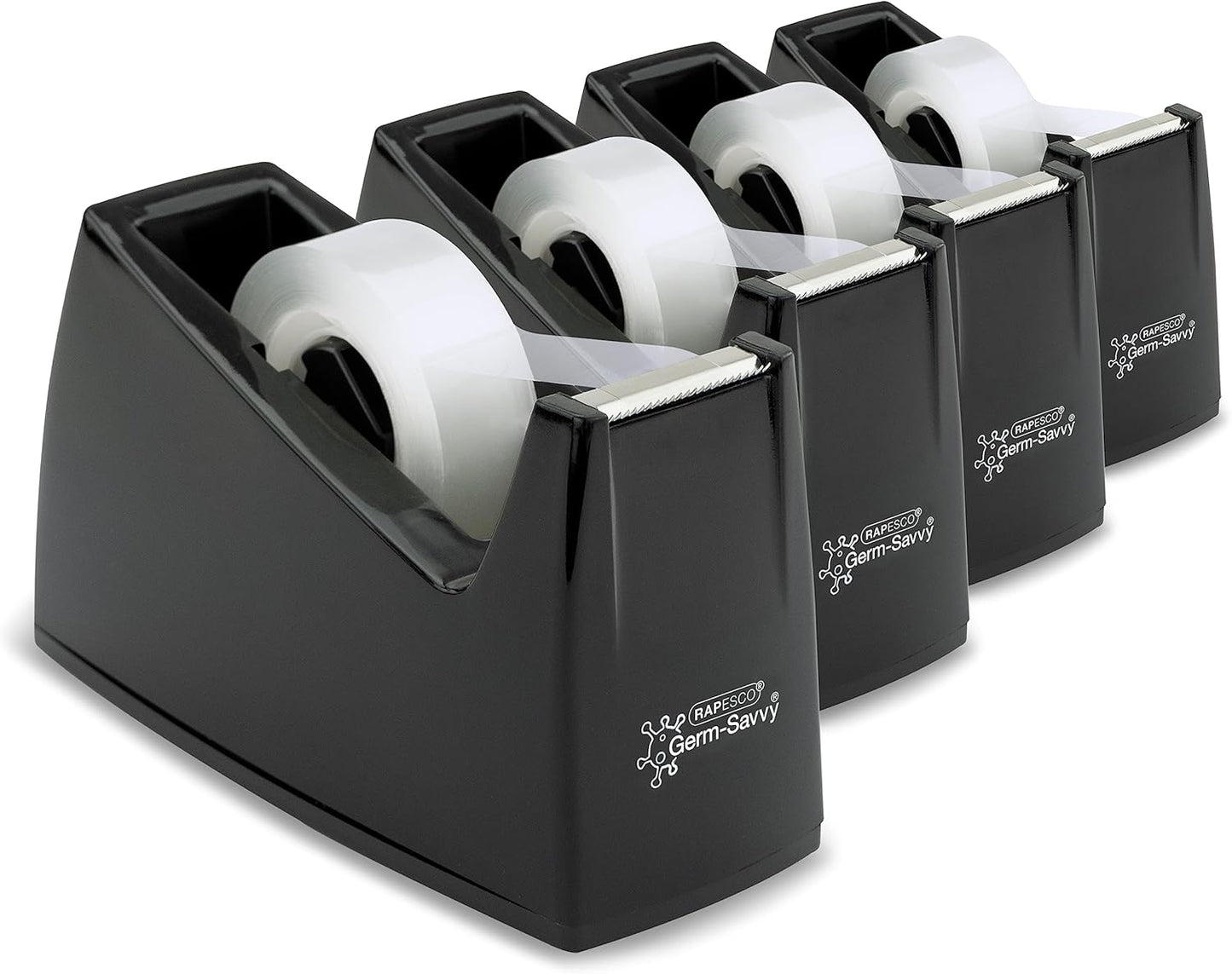 Rapesco 1741 Business Pack: 4 Germ-Savvy Antibacterial 300 Tape Dispensers and 4 Clear Tape Rolls, Black