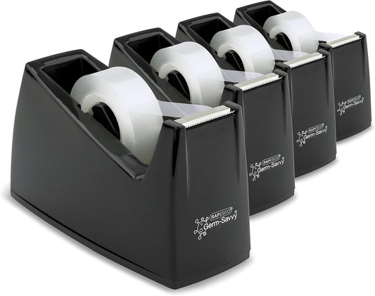 Rapesco 1741 Business Pack: 4 Germ-Savvy Antibacterial 300 Tape Dispensers and 4 Clear Tape Rolls, Black