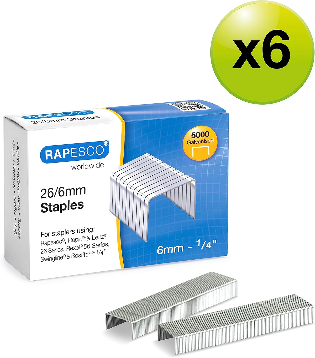 Rapesco 1735 Business Pack: 26/6mm (No.56) Galvanised Staples, 6 Boxes of 5000