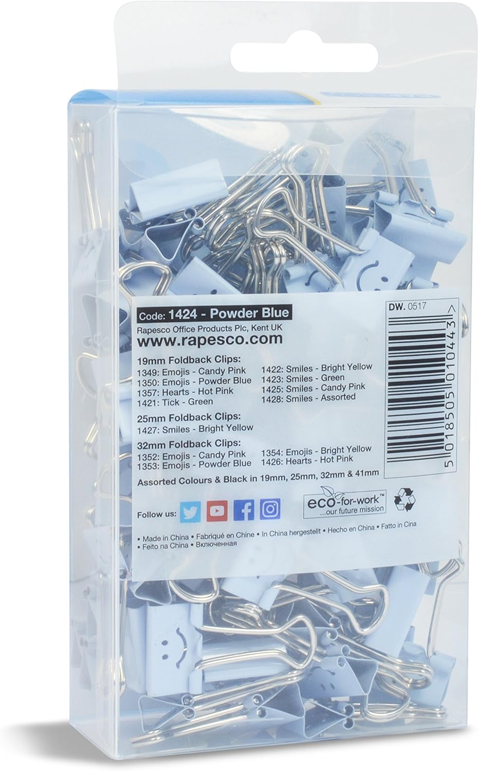 Rapesco 1424 19 mm Smiles Foldback Clips, Powder Blue, Pack of 80
