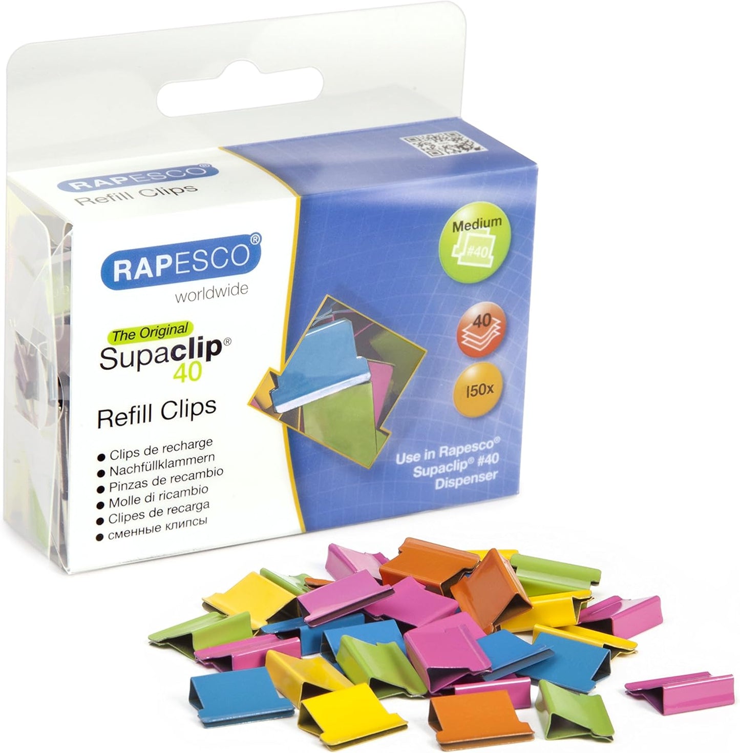 Rapesco CP15040M Supaclip 40 Refill Clips, Assorted Colours, Pack of 150