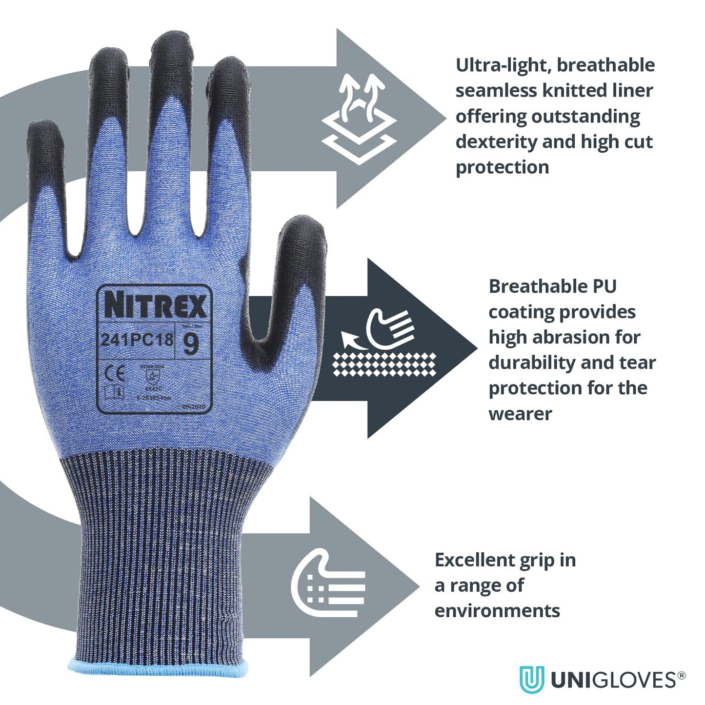 Nitrex 241PC18 Work and Safety Gloves, Bag of 10 Pairs, Size 6 - C Rated Cut Resistant Gloves with PU Palm Coating