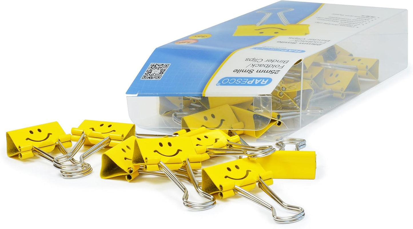 Rapesco 1427 25 mm Smiles Foldback Clips, Bright Yellow, Pack of 35