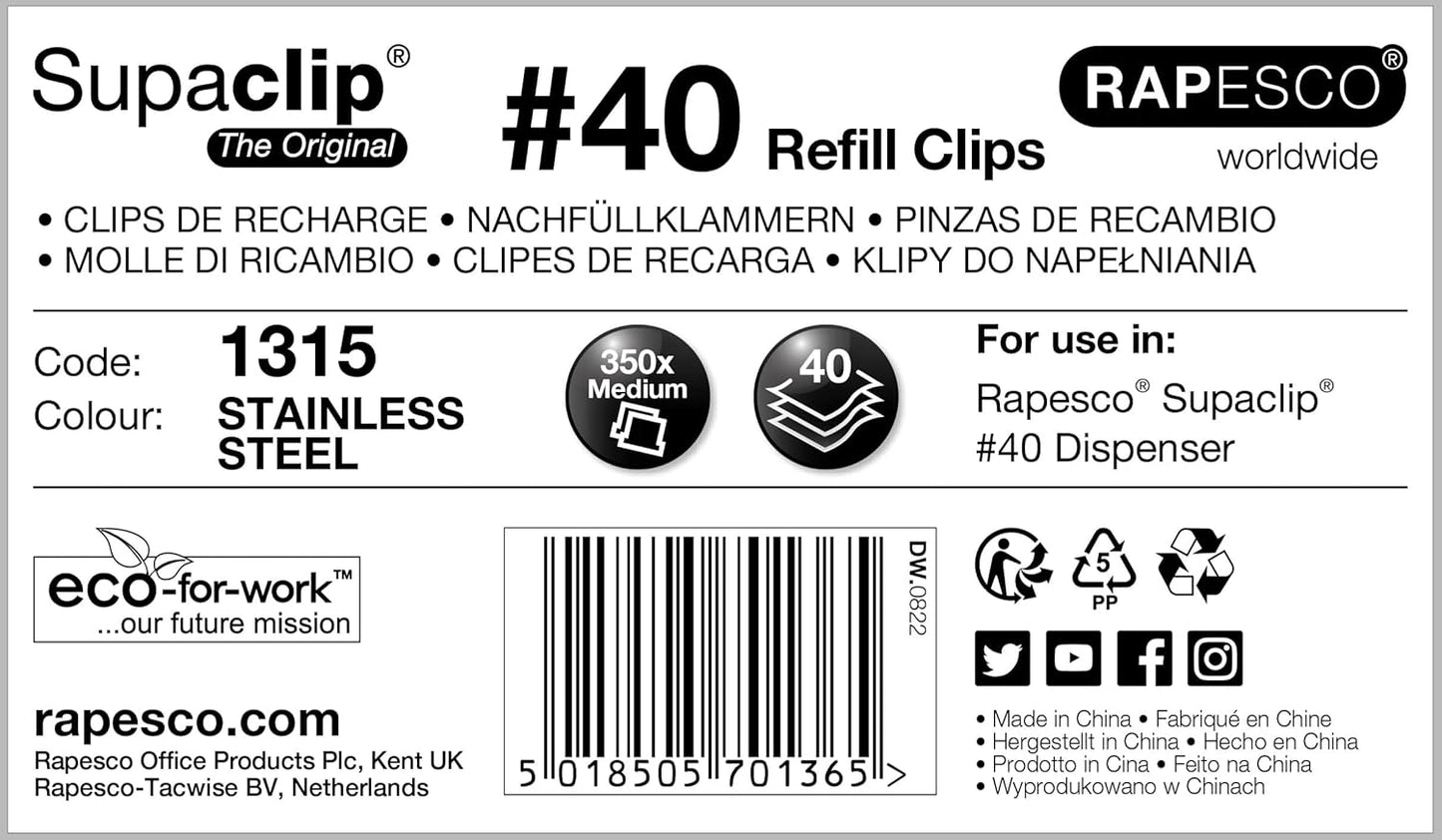 Rapesco 1315 Supaclip 40 Bulk Pack of Stainless Steel Refill Clips, Pack of 350