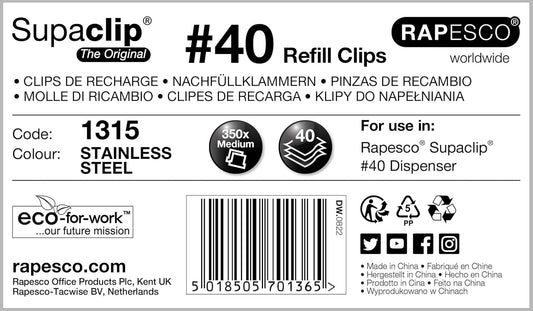 Rapesco 1315 Supaclip 40 Bulk Pack of Stainless Steel Refill Clips, Pack of 350