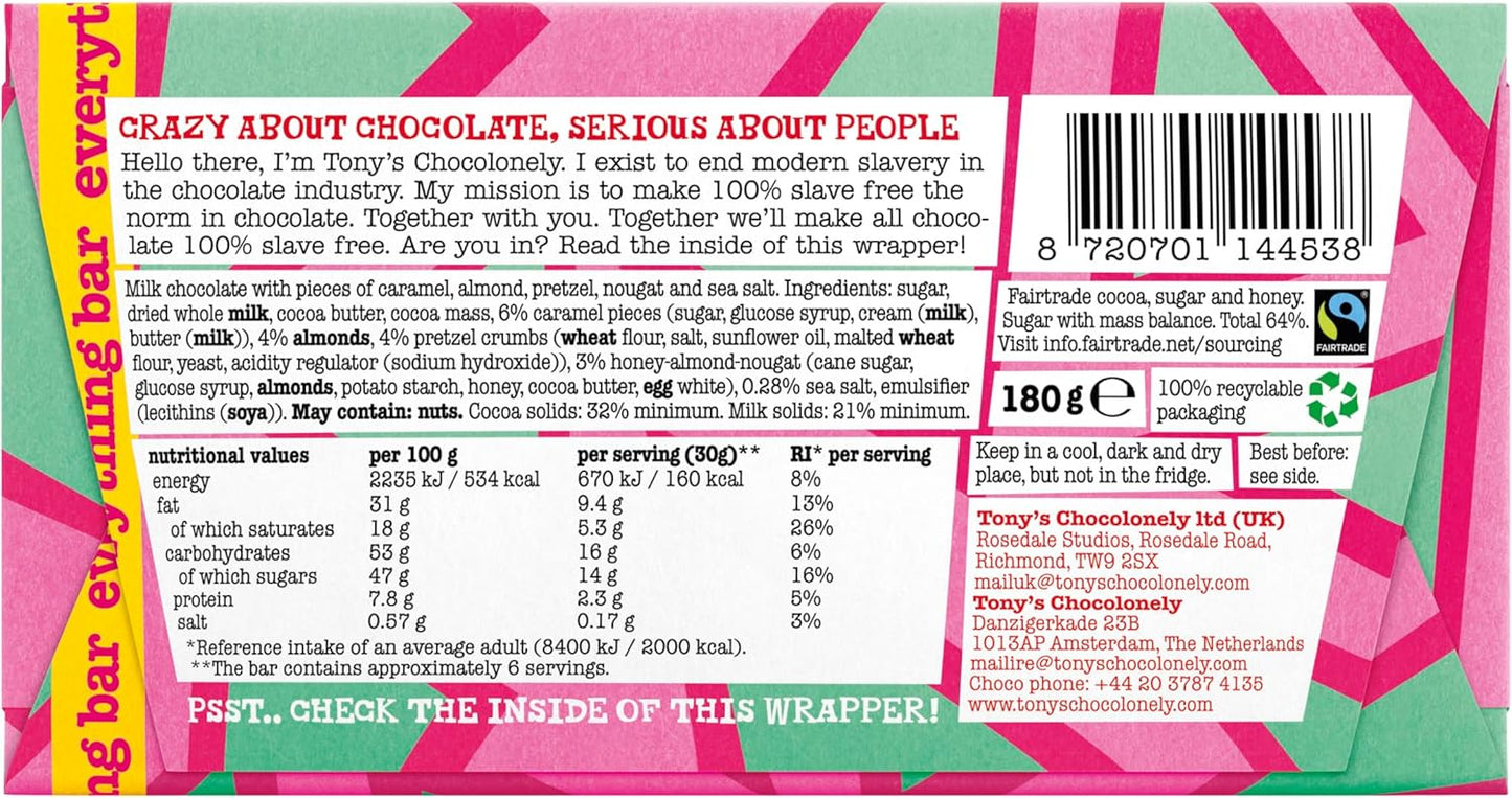 Tony's Chocolonely Everything Bar - Milk Chocolate, Crunchy Caramel, Almonds, Pretzel, Nougat and Sea Salt - 180g, Fairtrade