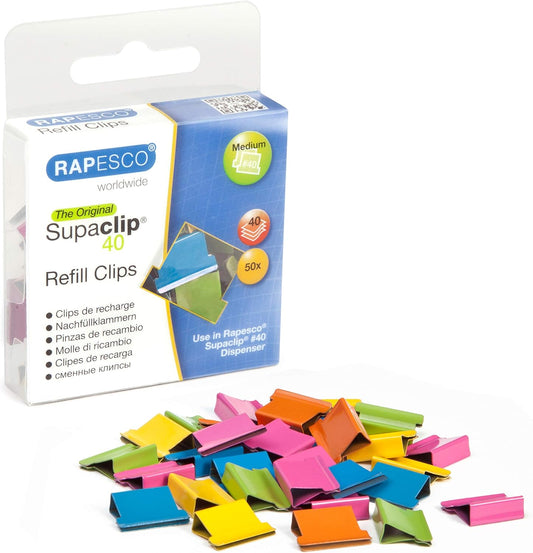 Rapesco RC4050MC Supaclip 40 Refill Clips, Assorted Colours, Pack of 50