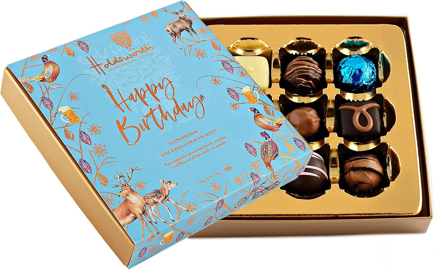 Holdsworth Chocolates Occasions Collection - Happy Birthday Blue Gift Box Of Handmade Truffles And Assorted Milk, White And Dark Chocolates – Perfect for gifting - 110g