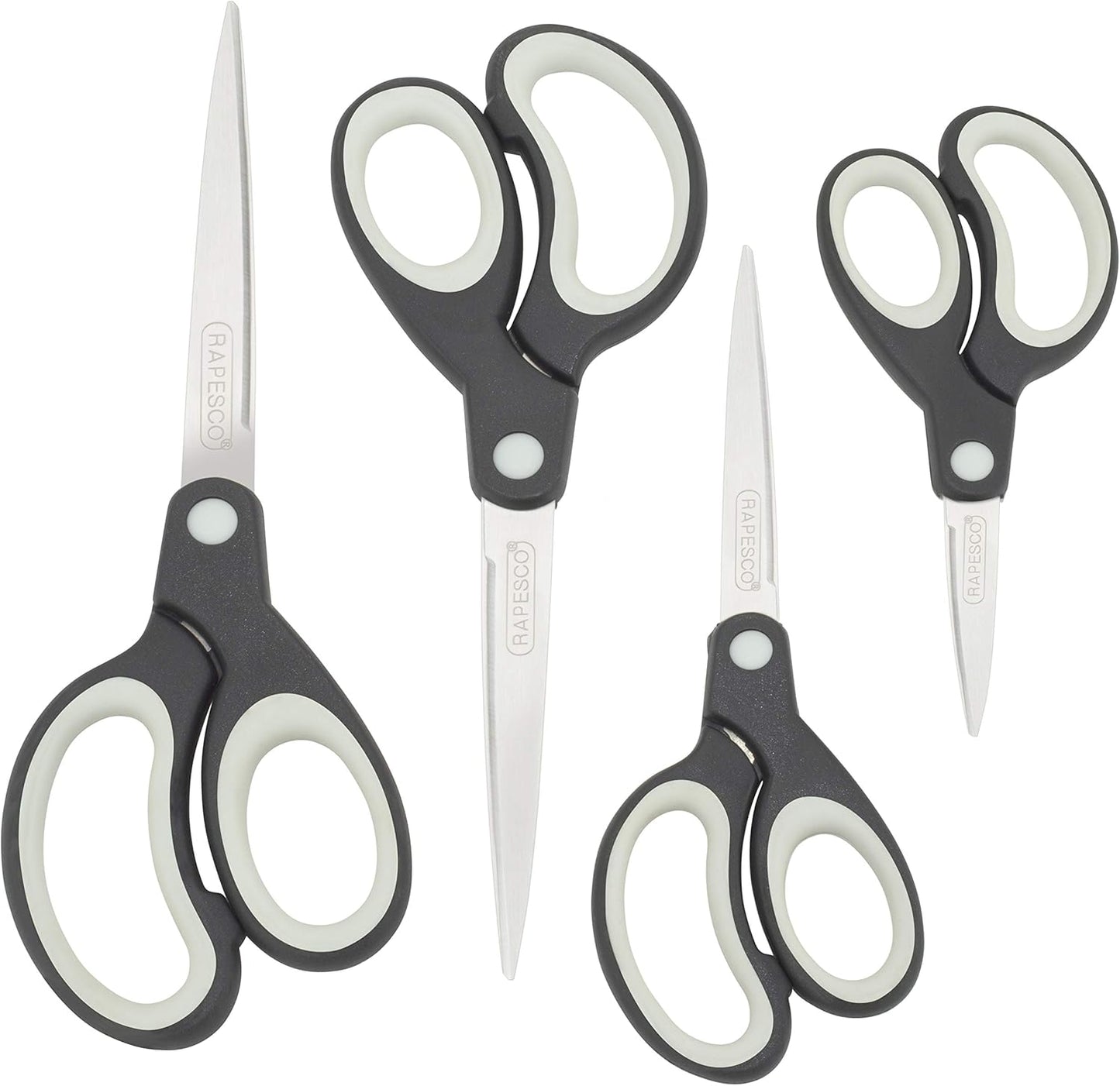 Rapesco 1574 Soft Grip Handle Scissors, Black/Light Grey, Set of 4