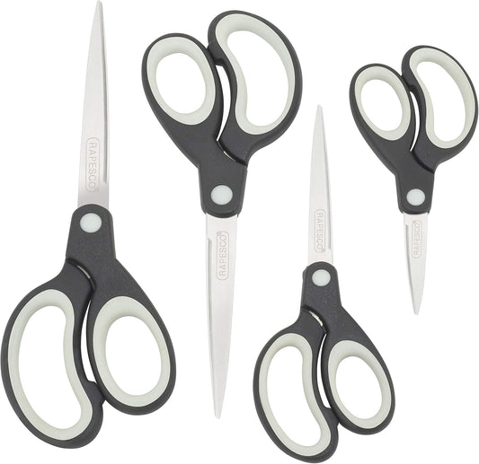 Rapesco 1574 Soft Grip Handle Scissors, Black/Light Grey, Set of 4