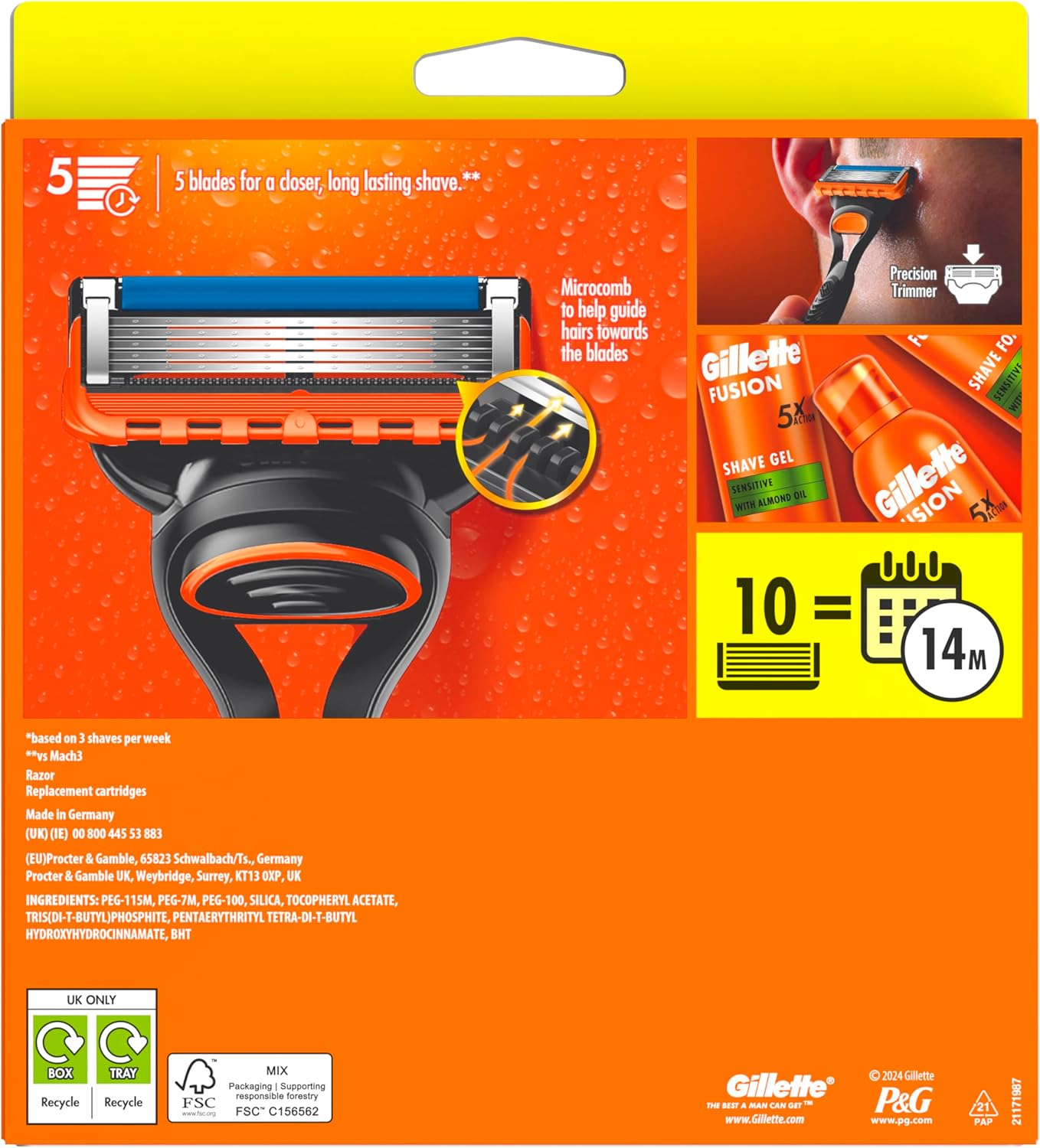 Gillette Fusion5 Razor for Men, 1 Gillette Razor, 10 Razor Blade Refills, with Lubrastrip for a Close Shave
