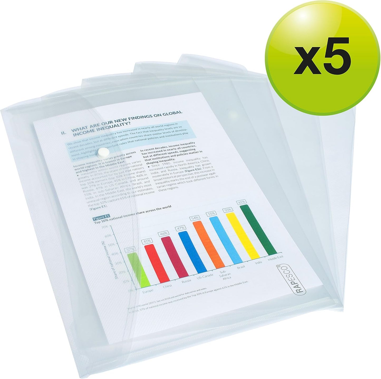 Rapesco 0695 Popper Wallets, A4+ / Foolscap, Clear Transparent, Pack of 5