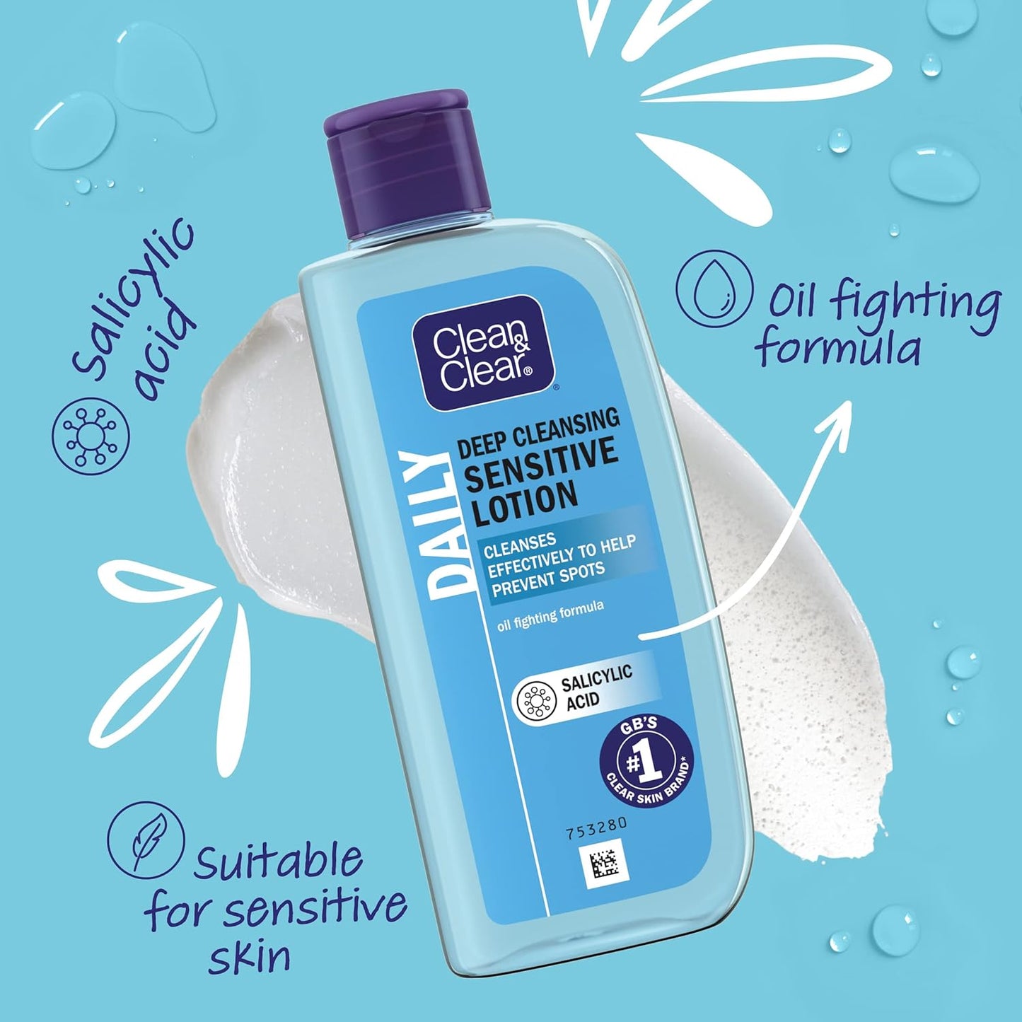 Clean & Clear Deep Cleansing Lotion for Sensitive Skin (1x 200ml), Clean and Clear Facial Cleanser with Salicylic Acid to Deeply Clean, Remove Dirt and Oil, Help Prevent Spots