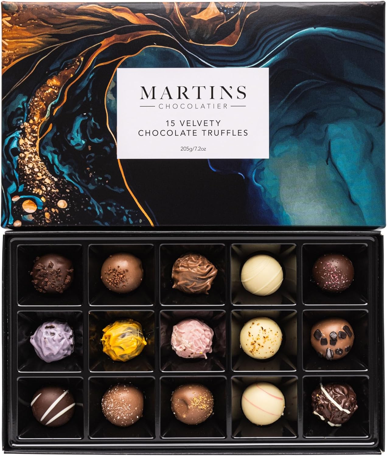 Martin’s Chocolatier Velvety Chocolate Truffle Collection | 15 Luxury Chocolates Gift Box | Milk, White, Dark Belgian Chocolate Assortment for Christmas, Birthdays, Anniversary & Celebrations (205g)