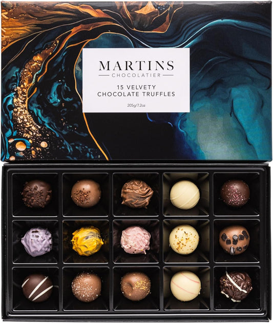 Martin’s Chocolatier Velvety Chocolate Truffle Collection | 15 Luxury Chocolates Gift Box | Milk, White, Dark Belgian Chocolate Assortment for Christmas, Birthdays, Anniversary & Celebrations (205g)