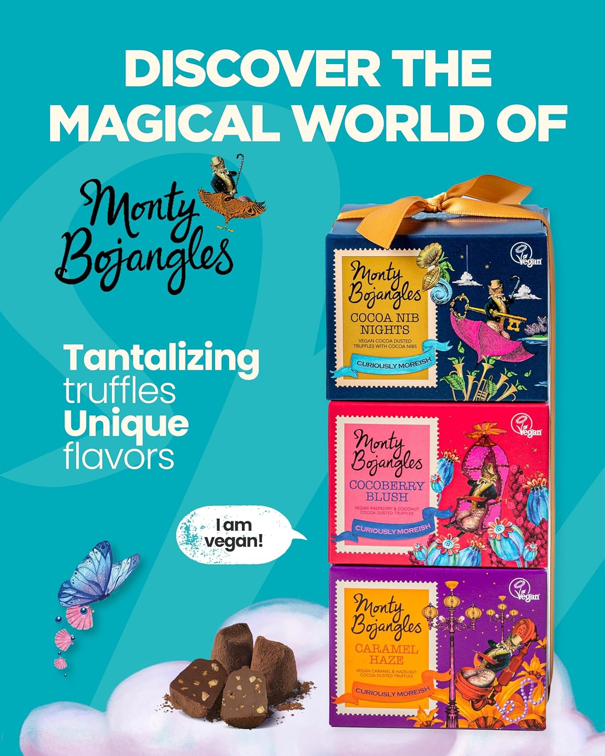 Monty Bojangles Vegan Cocoa Dusted Truffles Tower (3 x 100g Gift Pack) - 3 Luxury Vegan Chocolatey Truffle Boxes - Caramel Haze, Cocoa Berry Blush, Cocoa Nib Nights - Vegan Chocolate Gift