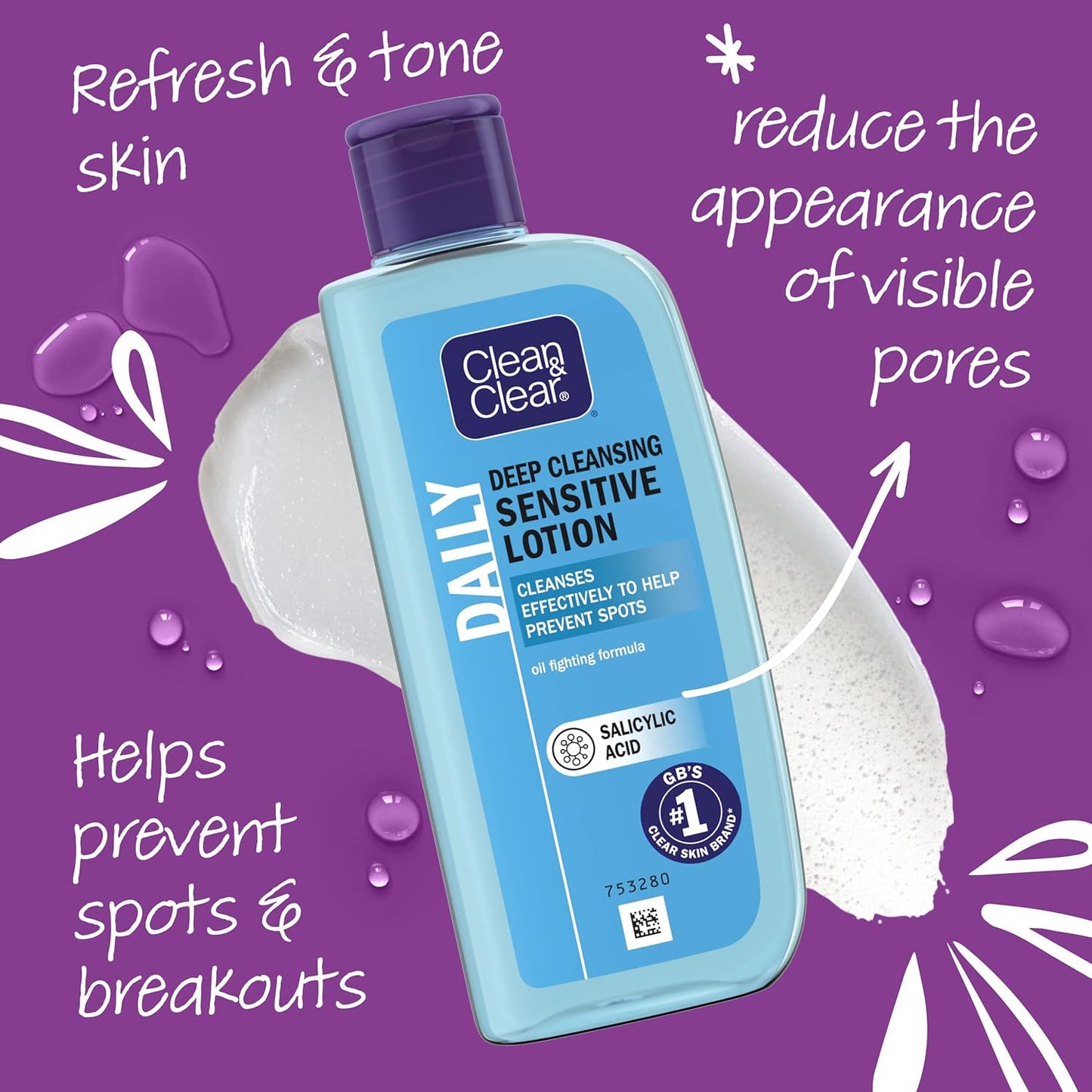Clean & Clear Deep Cleansing Lotion for Sensitive Skin (1x 200ml), Clean and Clear Facial Cleanser with Salicylic Acid to Deeply Clean, Remove Dirt and Oil, Help Prevent Spots