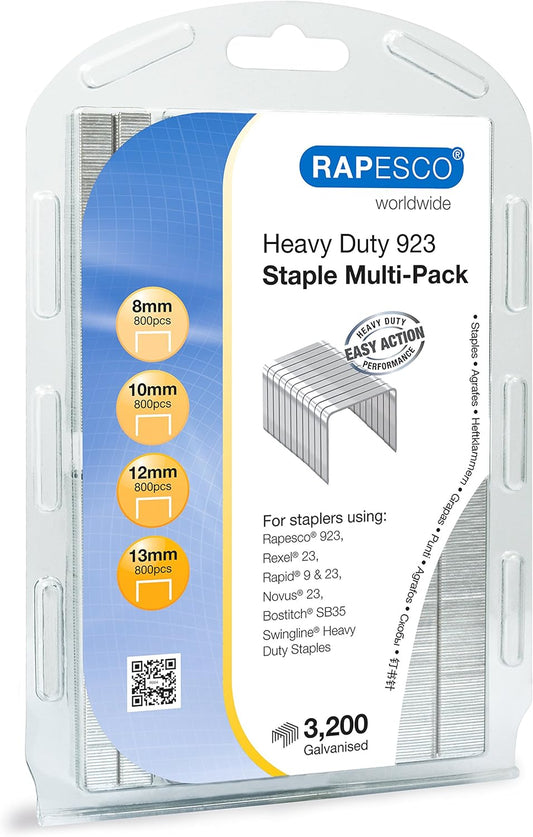 Rapesco 1246 Assorted 923 (Type 23) Heavy Duty Staples 8, 10, 12, 13mm, Pack of 3200