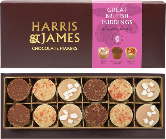 Harris & James Great British Puddings 12 Piece Chocolate Selection Box. Handmade Luxury Chocolates From Bean To Bar. Raspberry Eton Mess, Sticky Toffee & English Trifle Chocolate (180g)