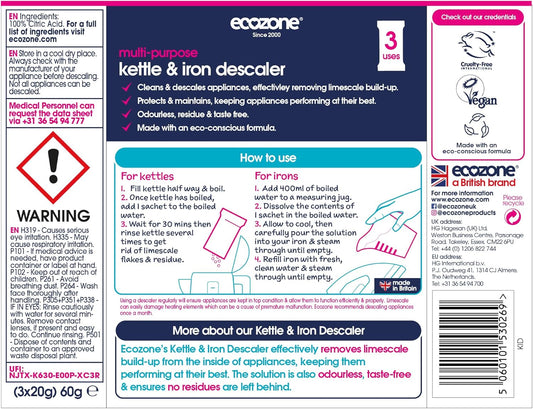 Ecozone Kettle and Iron Descaler, Internal Cleaner & Scale Remover for Kitchen & Home Appliances, limescale Prevention Sachets, Easy To Use, Natural Vegan & Non Toxic Eco-Safe Formula (3 Treatments)