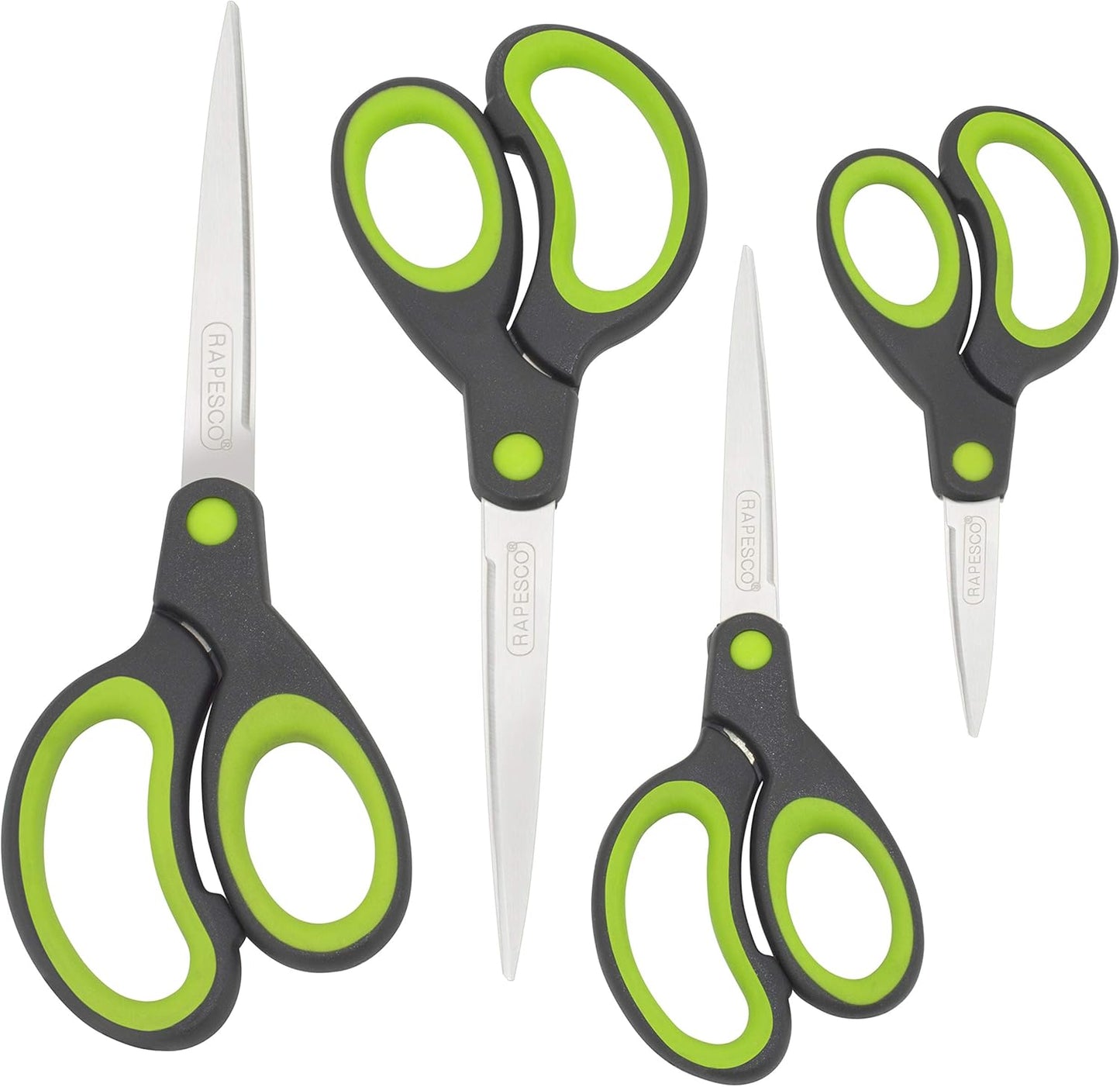 Rapesco 1576 Soft Grip Handle Scissors, Black/Green, Set of 4