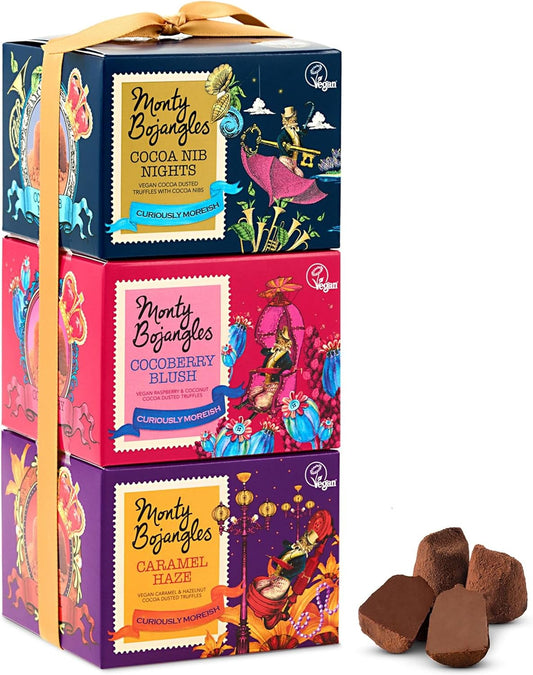 Monty Bojangles Vegan Cocoa Dusted Truffles Tower (3 x 100g Gift Pack) - 3 Luxury Vegan Chocolatey Truffle Boxes - Caramel Haze, Cocoa Berry Blush, Cocoa Nib Nights - Vegan Chocolate Gift