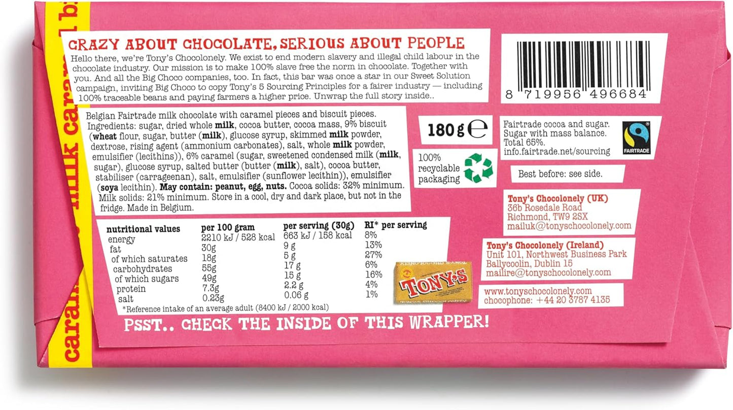 Tony's Chocolonely Milk Caramel Biscuit Chocolate Bar - 180g, Milk Chocolate, Gift, Vegetarian - Belgian Fairtrade Chocolate