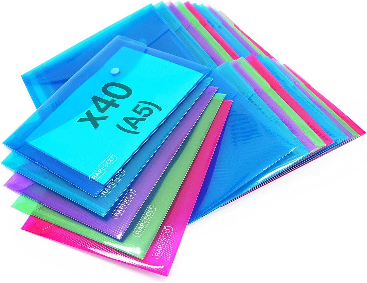 Rapesco 1680 Popper Wallets, A5, Assorted Transparent Colours, Pack of 40