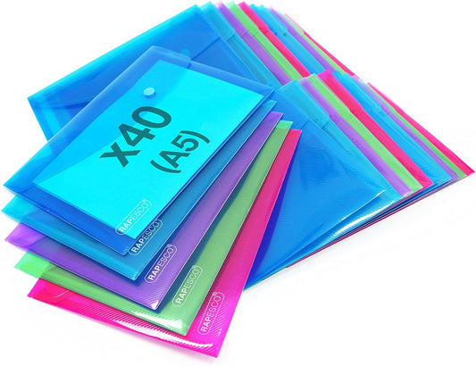 Rapesco 1680 Popper Wallets, A5, Assorted Transparent Colours, Pack of 40