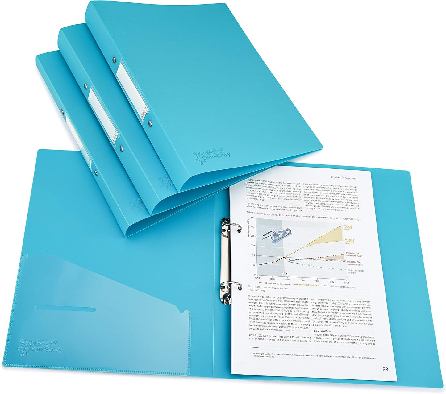 Rapesco 1664 2-Ring Binder with Antibacterial Protection, 35 mm Spine, A4, Aqua, Pack of 4