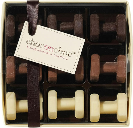 Choc On  Chocolate Dumbbells | Handmade Belgian White, Milk, and Dark Chocolate - 70g - Unique Gift Idea for Fitness Enthusiasts & Chocolate Lovers | Premium Quality Ingredients