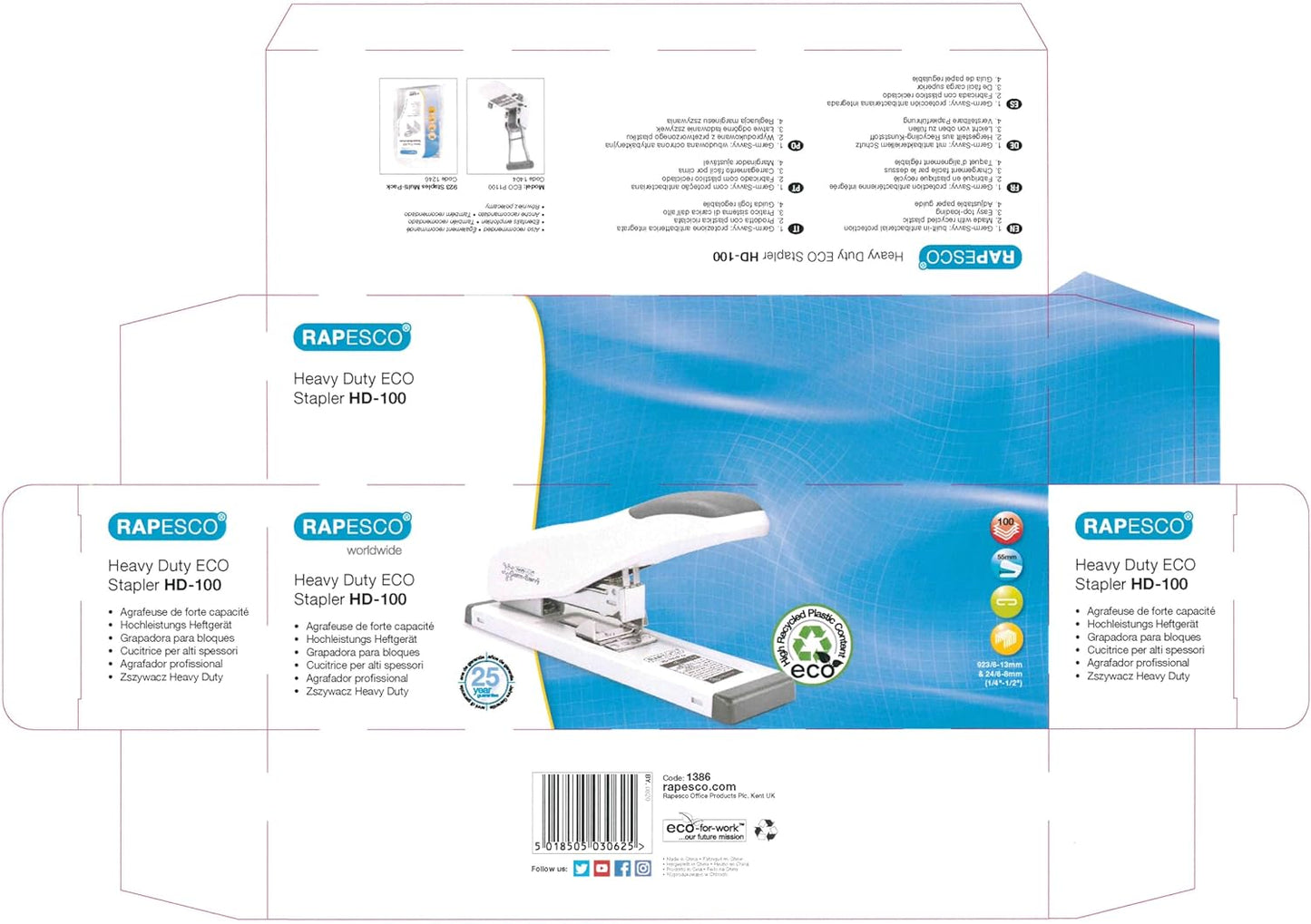 Rapesco 1386 ECO HD-100 Heavy Duty Stapler, 100 Sheet Capacity, Soft White