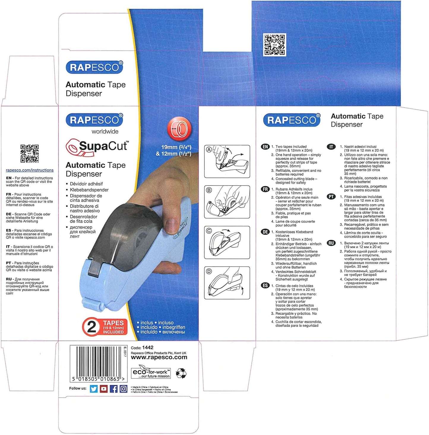 Rapesco 1442 SupaCut Tape Dispenser with 2 Tape Rolls, Powder Blue