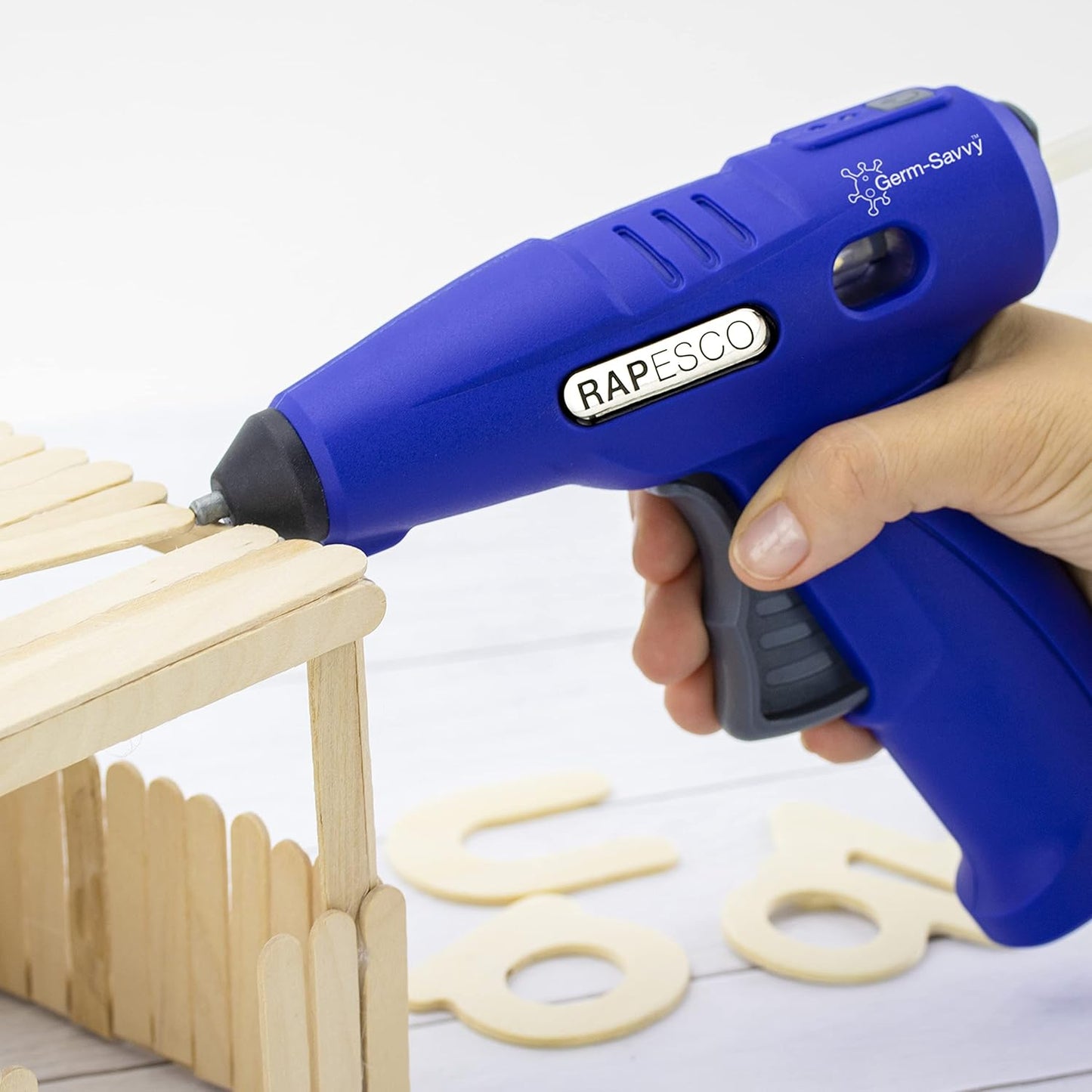 Rapesco 1635 Germ-Savvy Antibacterial, G4-7 USB Cordless Hot Melt Glue Gun with Integrated 4V Lithium-Ion Battery, Blue
