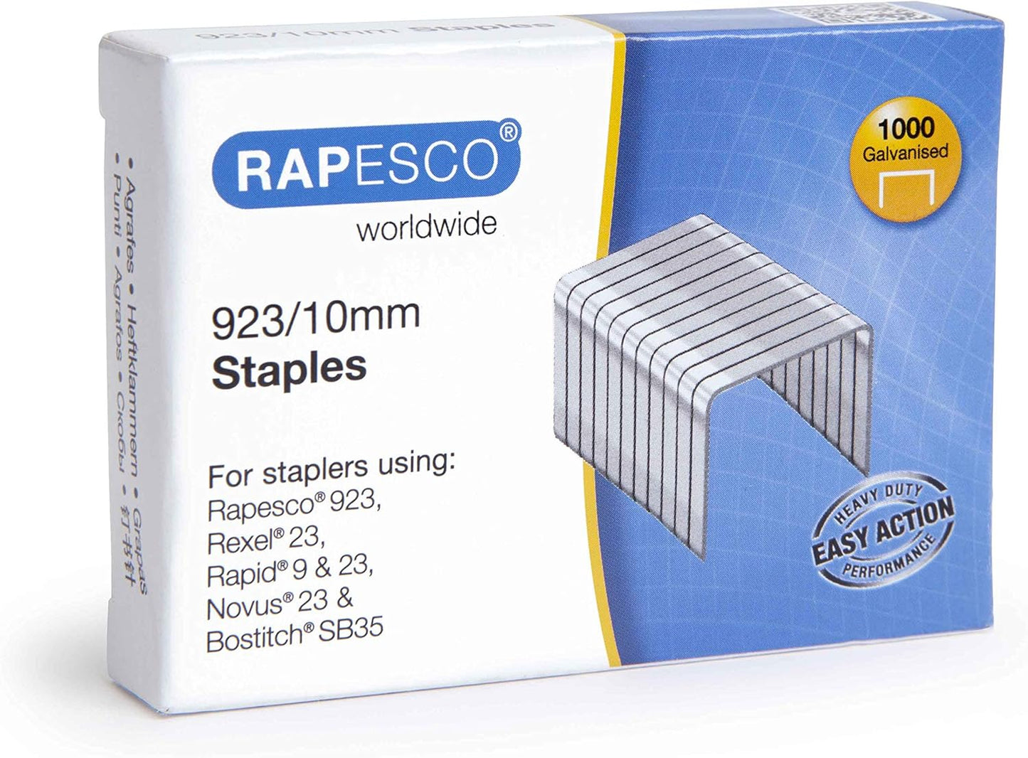 Rapesco 1237 923/10 mm Galvanised Staples, Type 23, Box of 1000