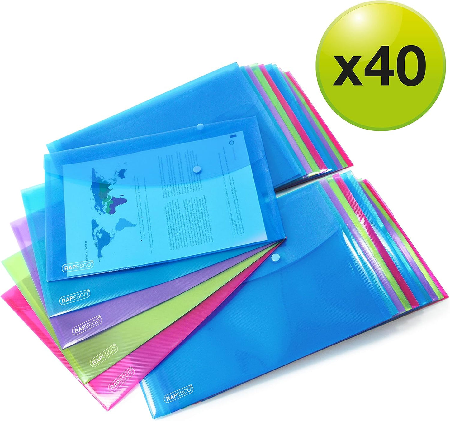 Rapesco 1678 Popper Wallets, A4+ / Foolscap, Assorted Transparent Colours, Pack of 40