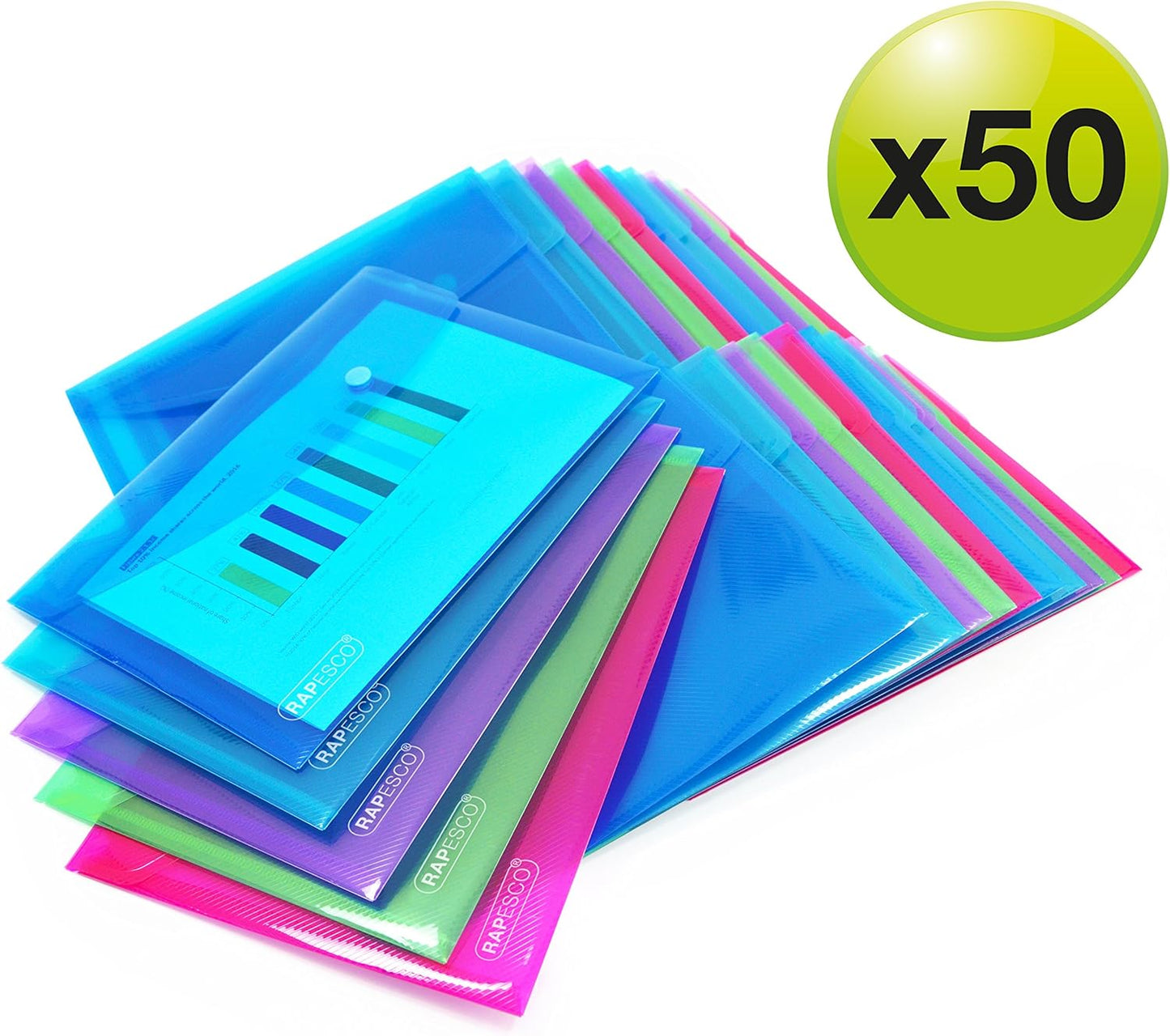 Rapesco 1499 Popper Wallets, A5, Assorted Transparent Colours, Pack of 50