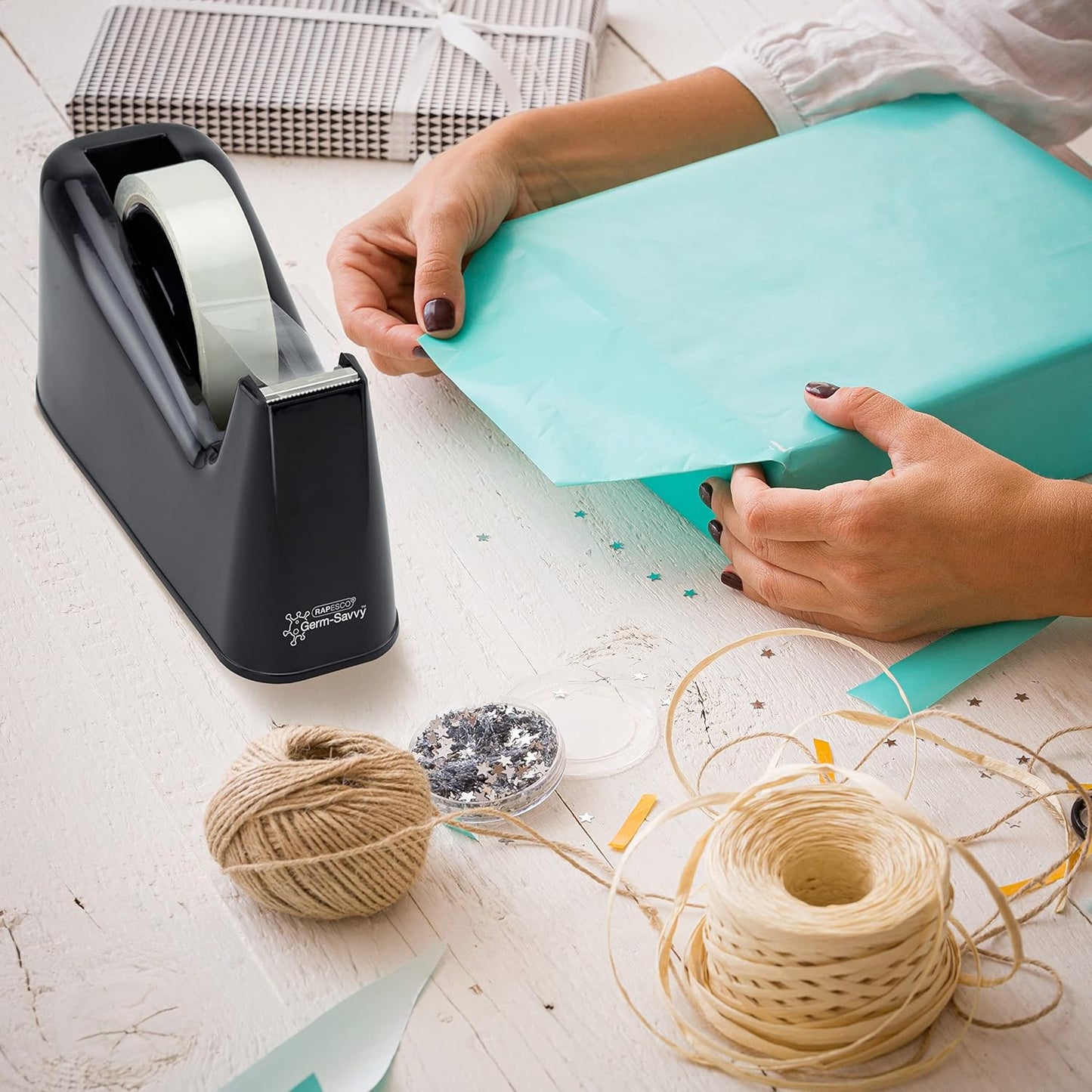 Rapesco 1695 Germ-Savvy Antibacterial, 500 Heavy Duty Tape Dispenser with 1 Clear Tape Roll, Black